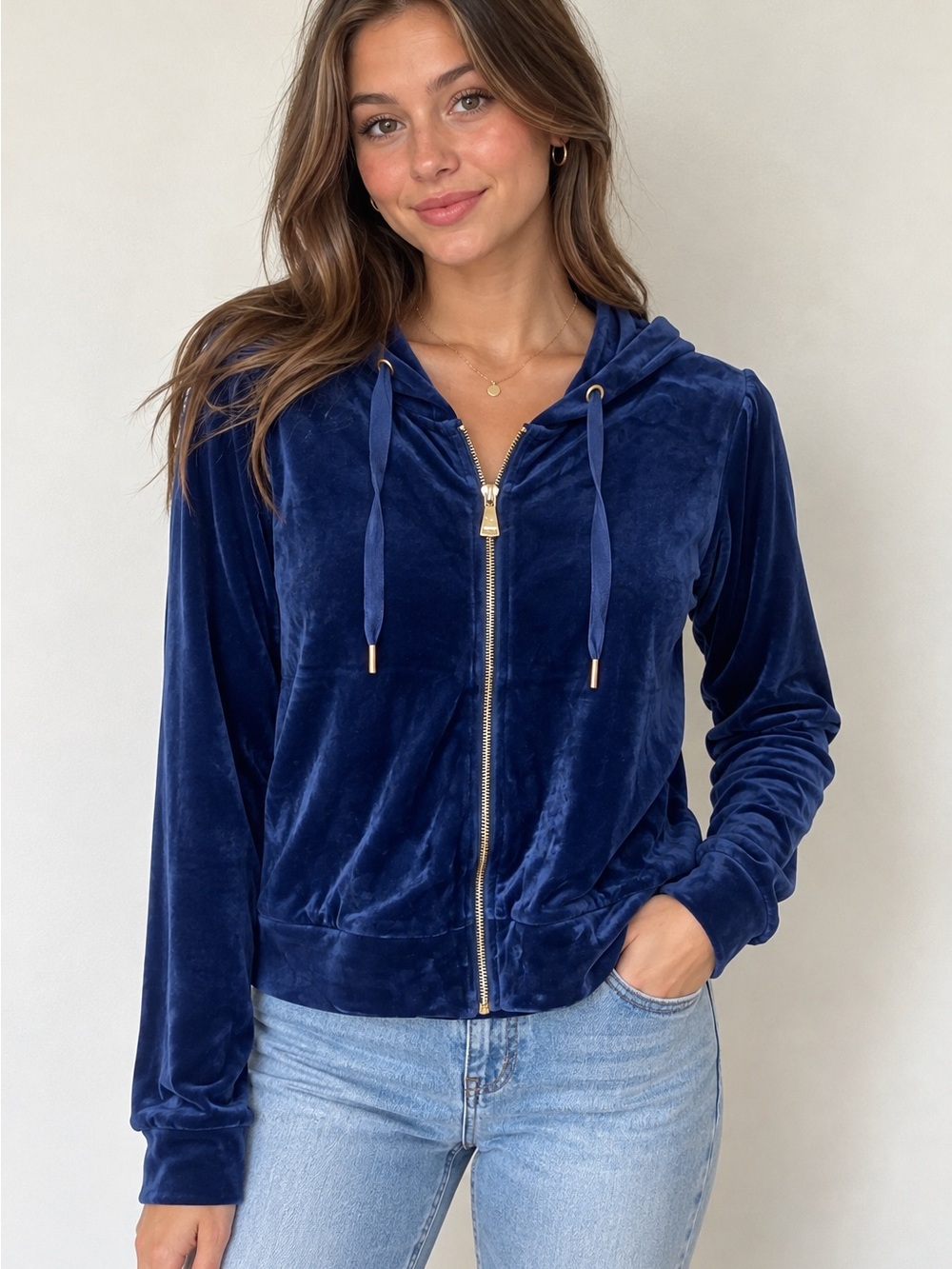 Magaschoni Velvet Zip-Up Hoodie in Royal Blue Women’s Size Small NWT